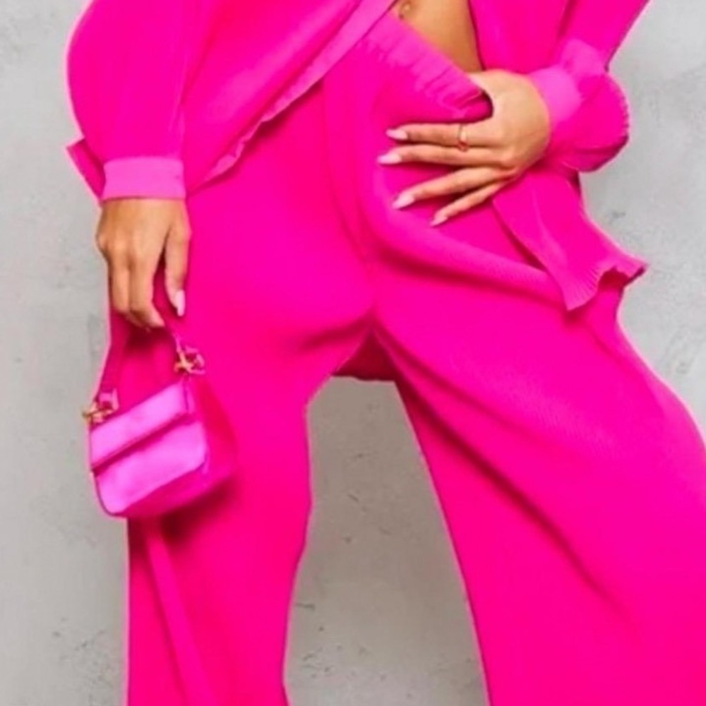 PrettyLittleThing Hot Pink Plisse High Waisted Wide Leg Trousers Pants US 0 NEW